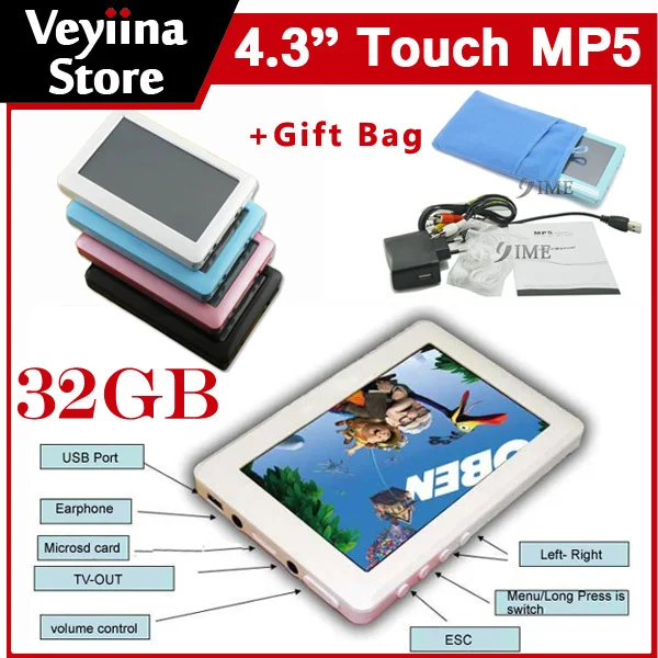 32GB 4.3 Inch HD Definition Touch Screen 32gb Music Player Mp4 Mp5 Player+TV Out+Video+FM Radio+Gift Bag Free Shipping Wholesale |