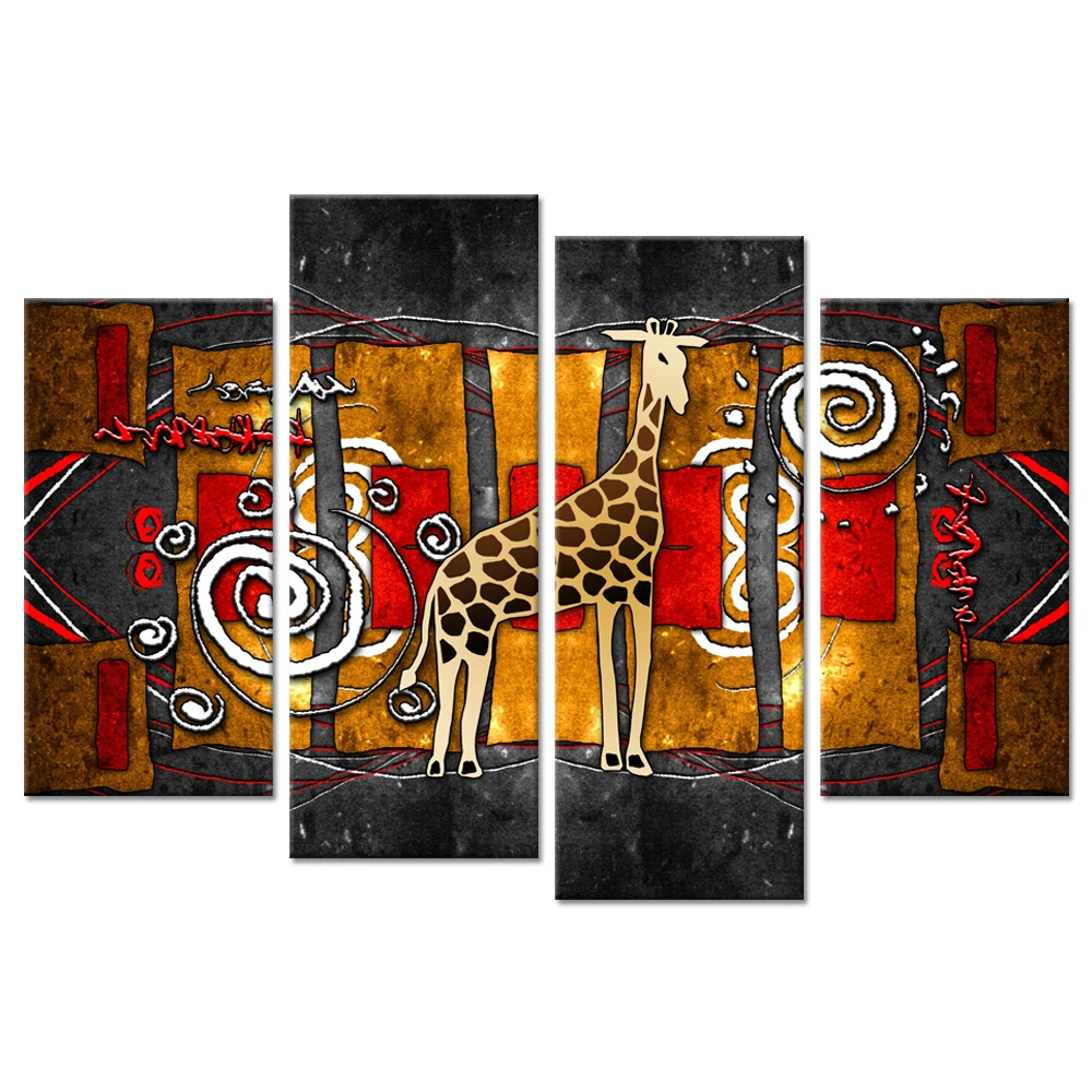 

4 Panel African Animals Vintage Canvas Prints Wall Art African Ethnic Giraffe With Abstract Totem Giclee Artwork For Living Room