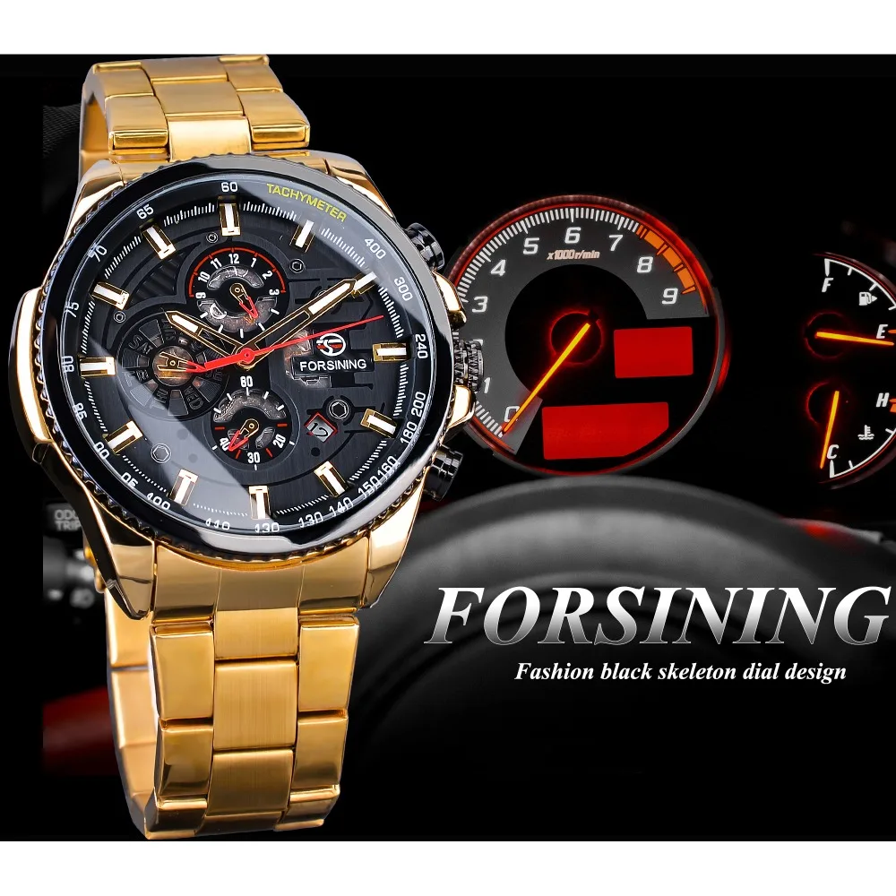 Forsining стимпанк спортивная серия классические черные золотые часы мужские Полный календарь Мужские автоматические часы лучший бренд класса люкс