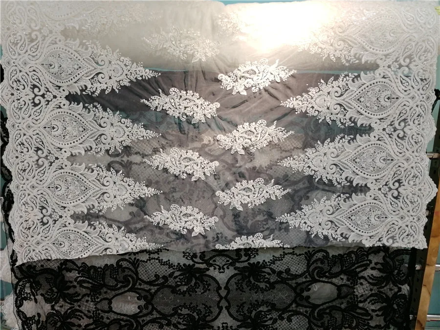 

High Quality African Lace Fabrics/French Net Embroidery Beaded Tulle Lace Fabric For Nigerian IVORY Wedding Party Dress