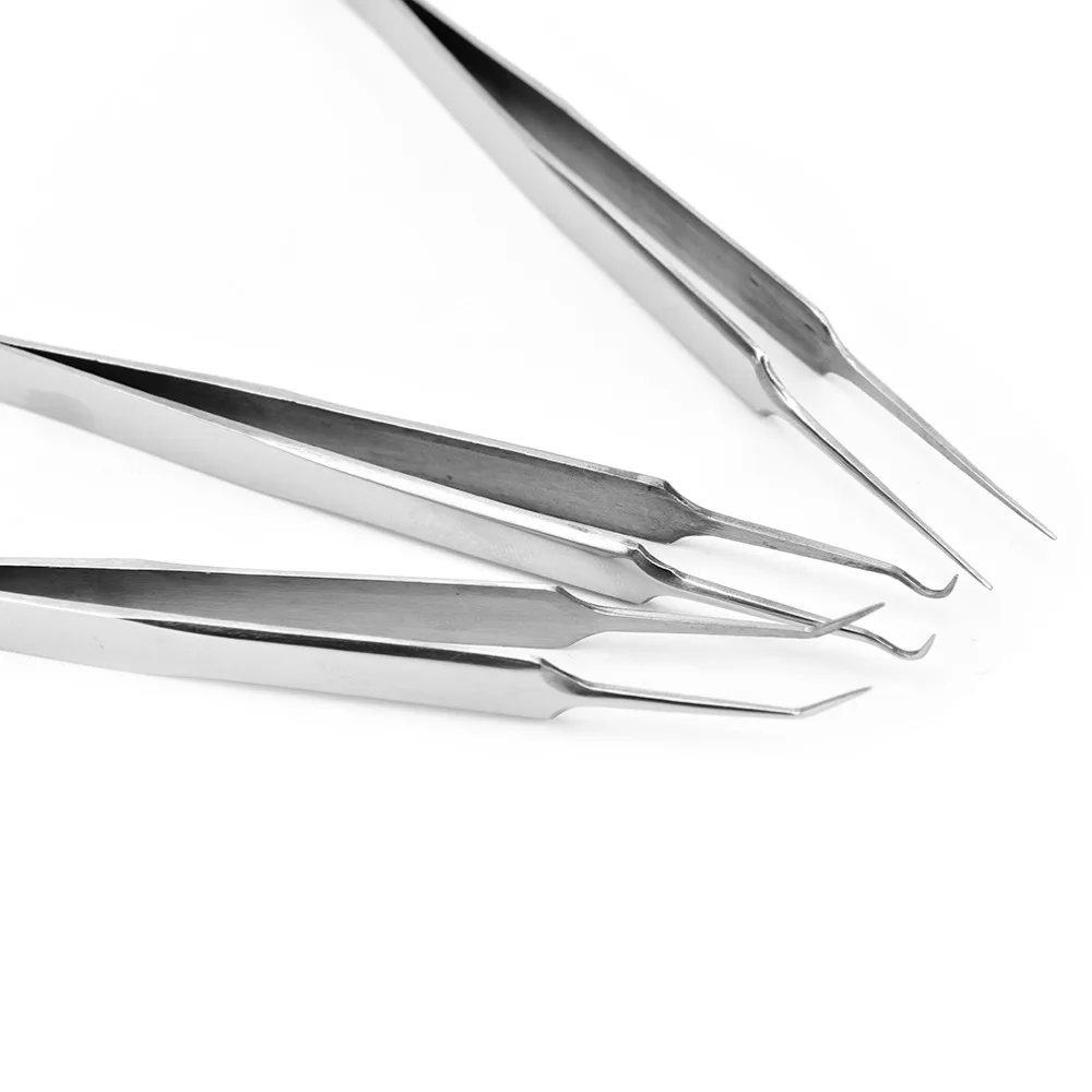 Stainless 3pcs Acne Needle Tweezers Blackhead Pimples Removal Pointed Bend Gib Head Face Skin Care Tools Comedone Acne Extractor