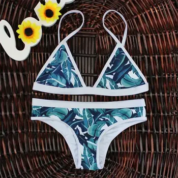 Sexy Triangle Bikinis Swimsuit Blue Leaves Print Swimwear Women Brazilian Bikini Set Maillot De Bain Bathing suits blue random floral printed triangle bikini set