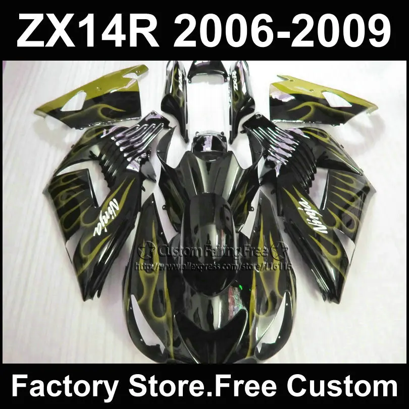 

High quality Injection fairing kits for Kawasaki 2006 2007ZX 14R 2008 2009 Ninja ZX14R 06-09 yellow flame in black fairings set
