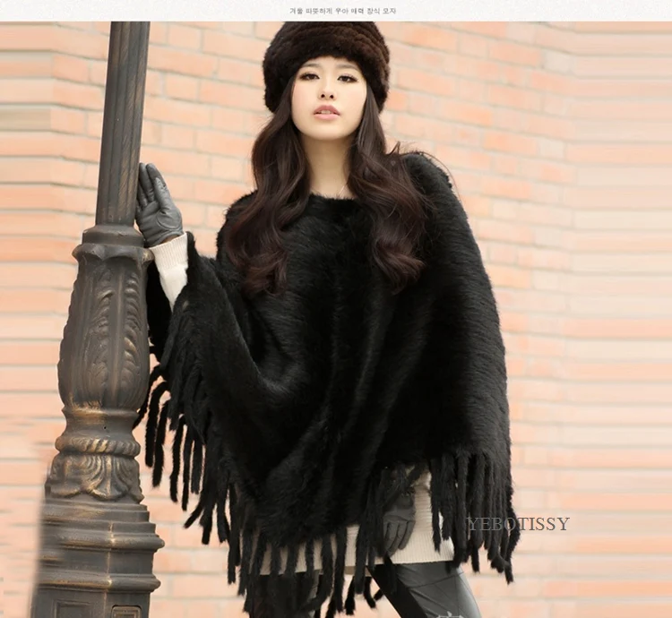 knitted women mink fur poncho with tassels (14)