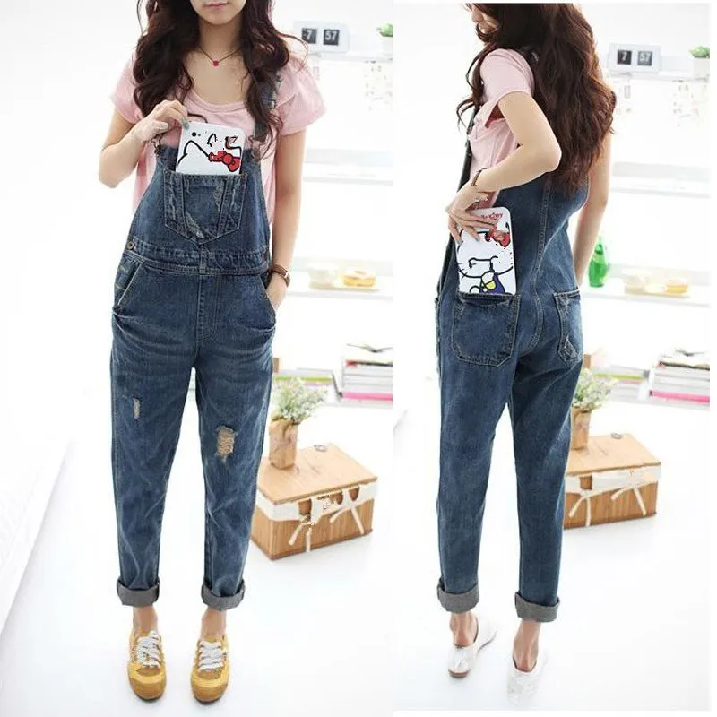 2018 Autumn Women Denim Jumpsuit Casual Jeans Rompers Female Loose Hole Denim Overall Playsuit With Pocket