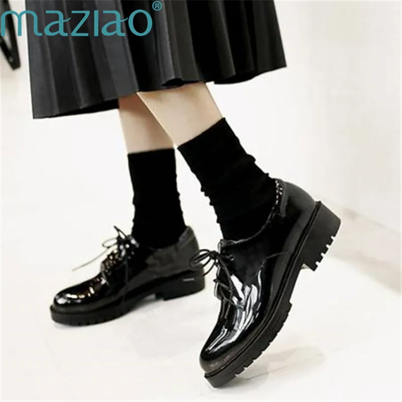 

Ladies Shoe Round Toe Lacquer Leather Lace Up Low Heel Sweet Style Single Shoes Luxury Shoes Women MAZIAO