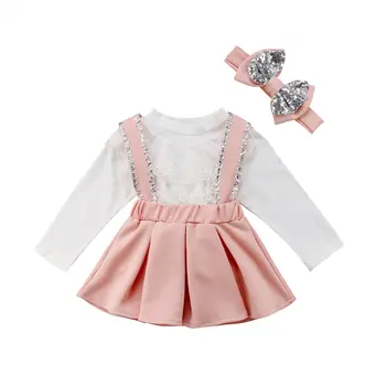 

Girl Clothes Toddler Kids Girls Lace Long Sleeve Casual Tops Sequin Strap Skirt 3Pcs Outfits Set Clothes