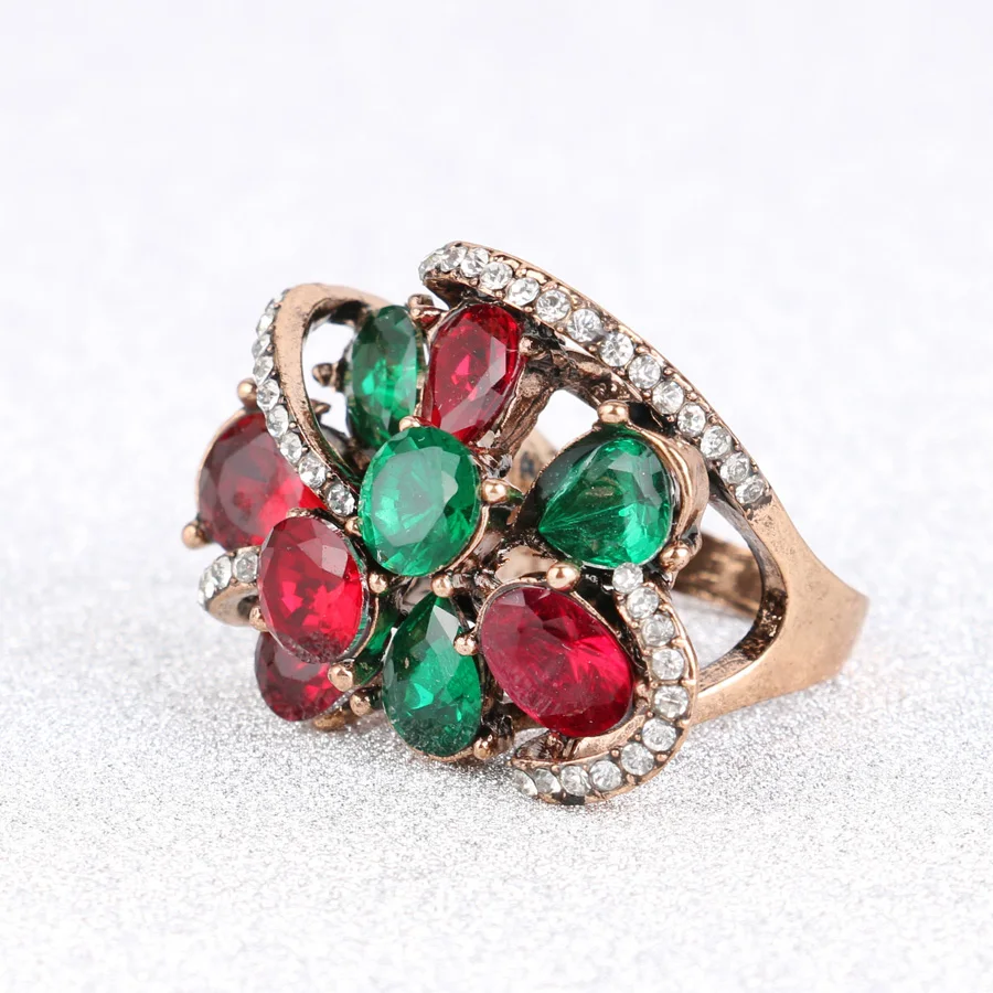 Luxury Antique Rings For Women Color Gold Crystal Flower Ring Multiple Layers Resin Party Anel Aneis Vintage Jewelry