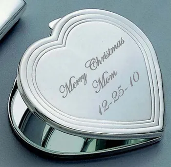 

ENGRAVED HEART COMPACT MIRRORS WITH BLACK VELVET POUCHES WEDDING XMAS GIFTS #18038-1
