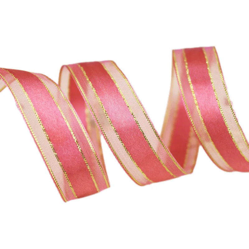 

5/8'' (15mm) Watermelon Red Gold Edge Satin ribbon high quality gift packaging ribbon wedding ribbons