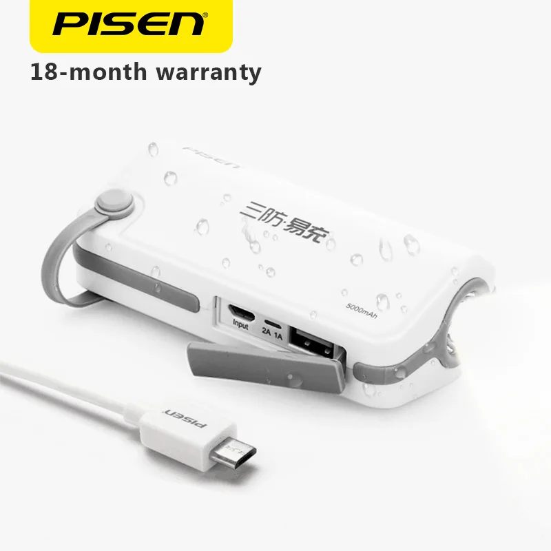 

PISEN 5000mAh Waterproof Power Bank with Flashlight Portable Charger External Battery Powerbank for Phones