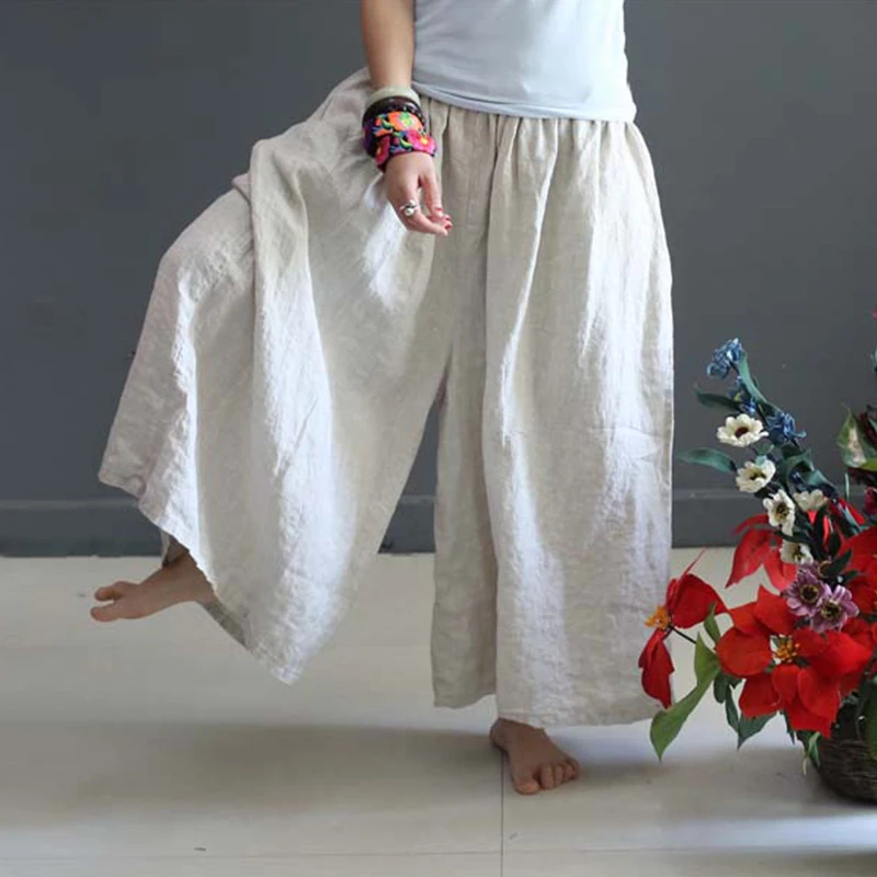 

Johnature Original 2019 Autumn Women Loose Linen Trouser Casual Chinese Style Elastic Waist Vintage Plus Size Wide Leg Pants