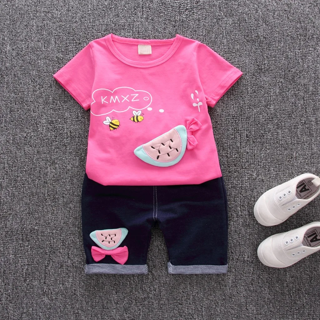 TELOTUNY/Обувь для малышей, 2 предмета, футболка с фруктами и Пчелой для маленьких девочек, топы, шорты, комплект одежды, Z0201 - Цвет: Красный
