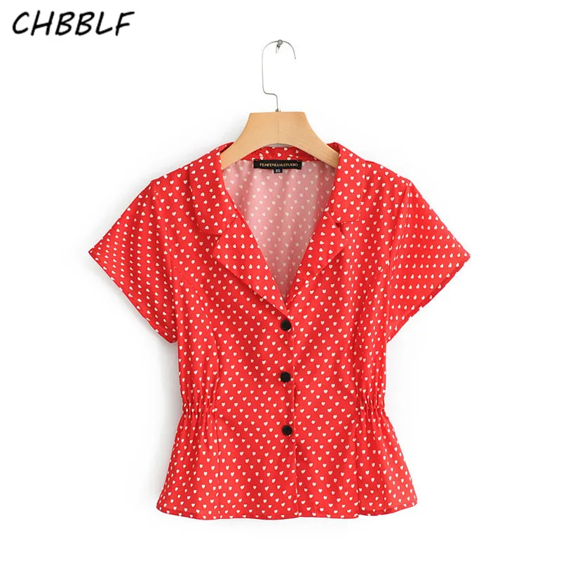 

CHBBLF women stylish V neck print blouse buttons short sleeve elastic waist shirts casual female chic tops blusas ZSZ327
