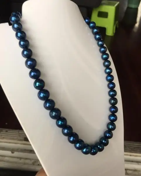 Высокое quality9-10mm tahitian круглое черное синее Жемчужное ожерелье 18 дюймов 925 серебро