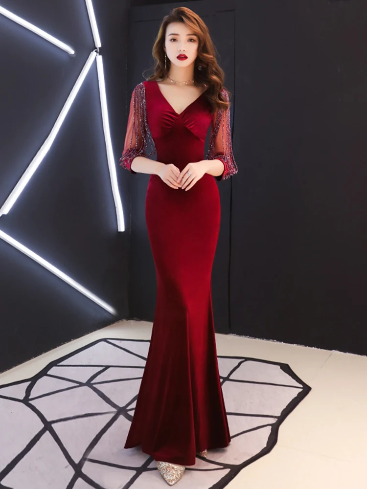 

V-neck See-through Back Sequins Party Formal Dress Half Sleeve Beads Sexy Long Evening Dresses abito da sera