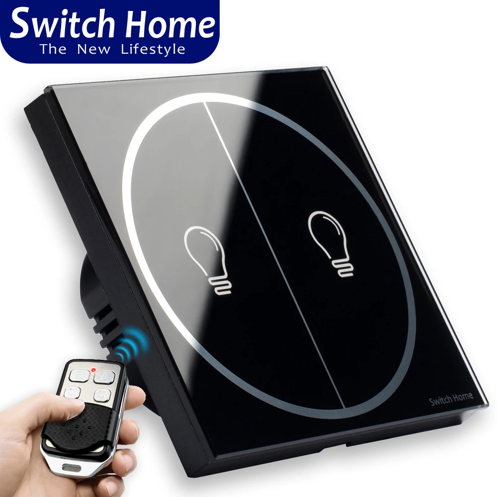 

Switch home Wireless remote control touch switch, EU/UK Standard wall switch, black 2 gang button Sensor RF433 light Switch