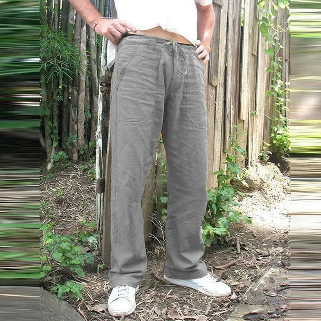 Litthing мужские натуральные хлопковые льняные брюки летние брюки 5XL повседневные мужские однотонные прямые свободные штаны с эластичной талией размера плюс L0709