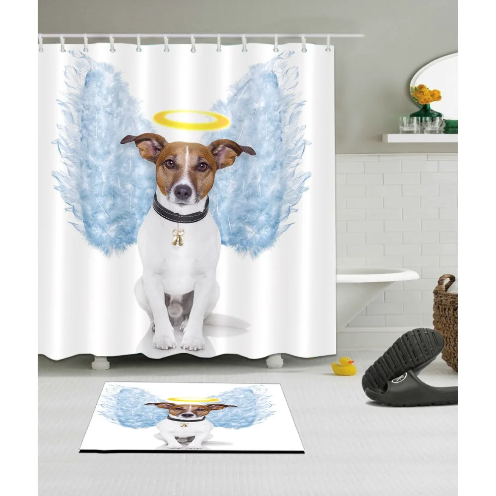 

LB Waterproof Funny Dog Wings Angel White Shower Curtain And Mat Set Polyester Custom Bathroom Fabric For Men Kids Bathtub Decor