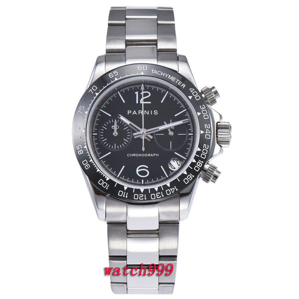 Элитный бренд Парнис 39 мм черный циферблат керамический ободок хронограф сапфир Стекло световой кварцевый механизм Мужские часы