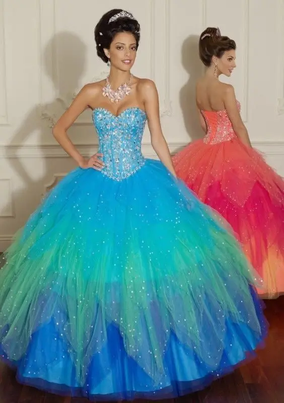 

Ball Gown Quinceanera Dresses 2019 with Jacket Rainbow Tiered Sweet 16 Dresses Debutante vestido de 15 anos robe de bal doce