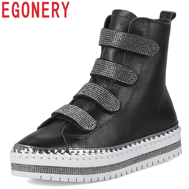

EGONERY 2018 winter new genuine leatehr crystal decoration hook and loop flat with round toe heel height 3 cm fashion booties