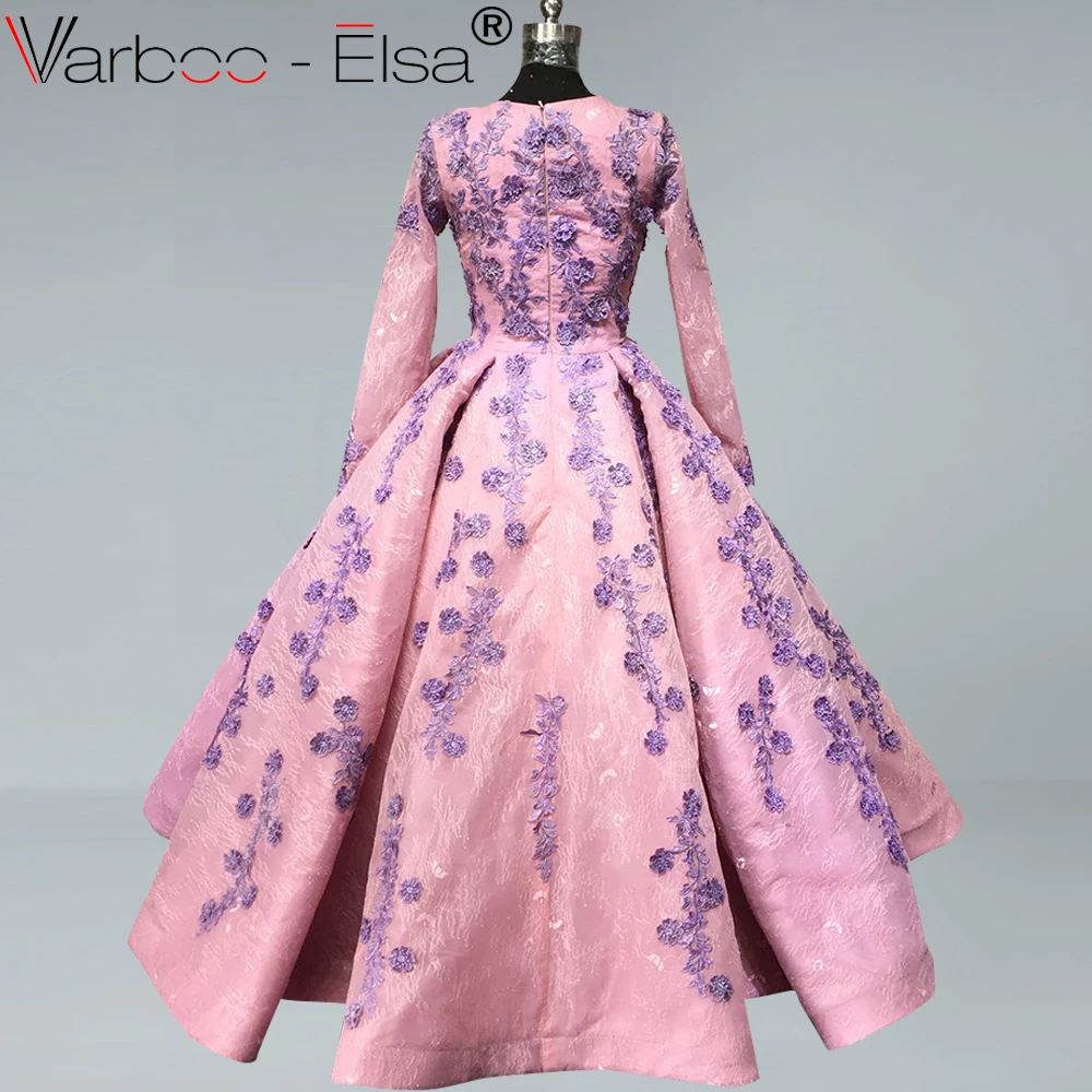 VARBOO_ELSA украшенный розовым бисером кружевное длинное вечернее платье для выпускного вечера вечерние платья платье с длинными рукавами и Круглая горловина вечерние платья Abiye