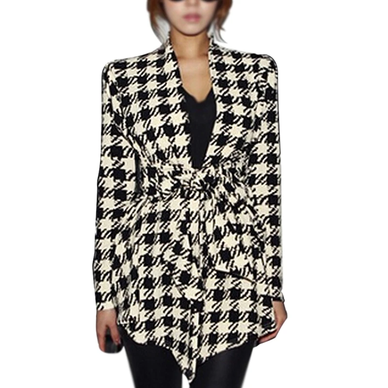 

Fashion Spring Women's Long Sleeve Houndstooth Print Open needle Belt Peplum Slim Jacket Cardigan Coat Top -S
