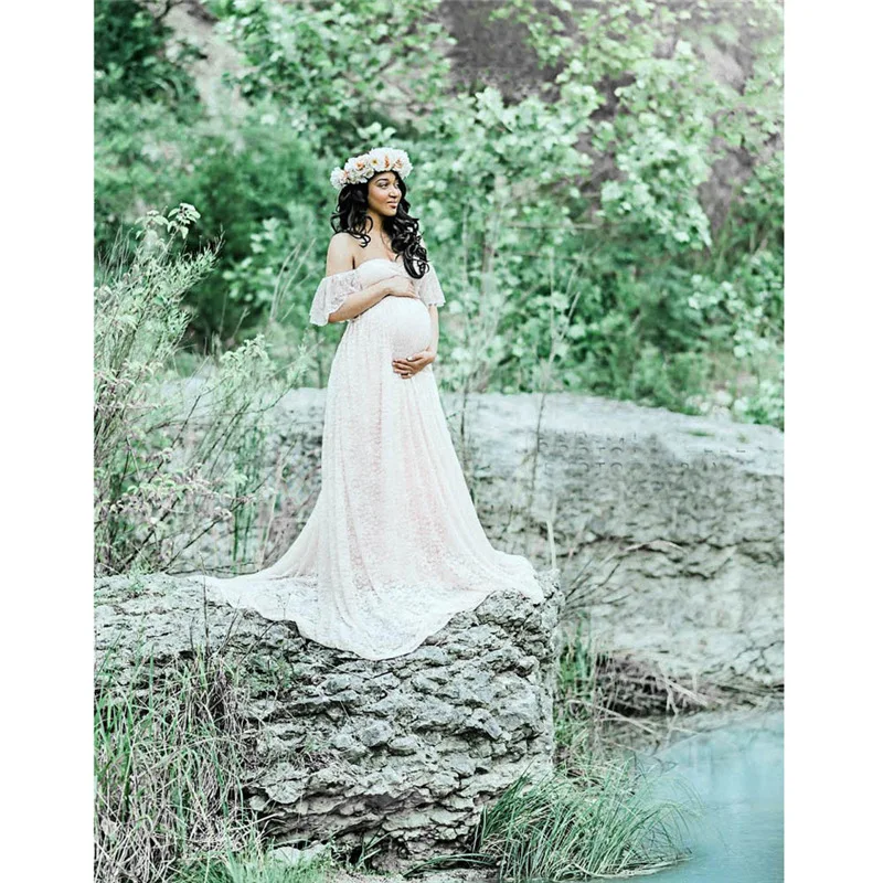  Women's Floral Lace Short Sleeve Photography Fly Sleeves Off Shoulder Long Dress Lace Maternity Dresses Photo Shoot C10% (6)