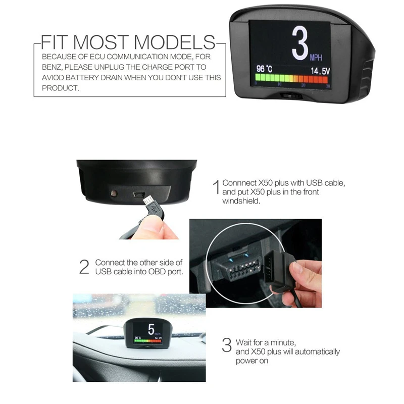 AUTOOL X50 Plus 12 В автомобиль OBD HUD Многофункциональный дисплей с цифровым измерителем