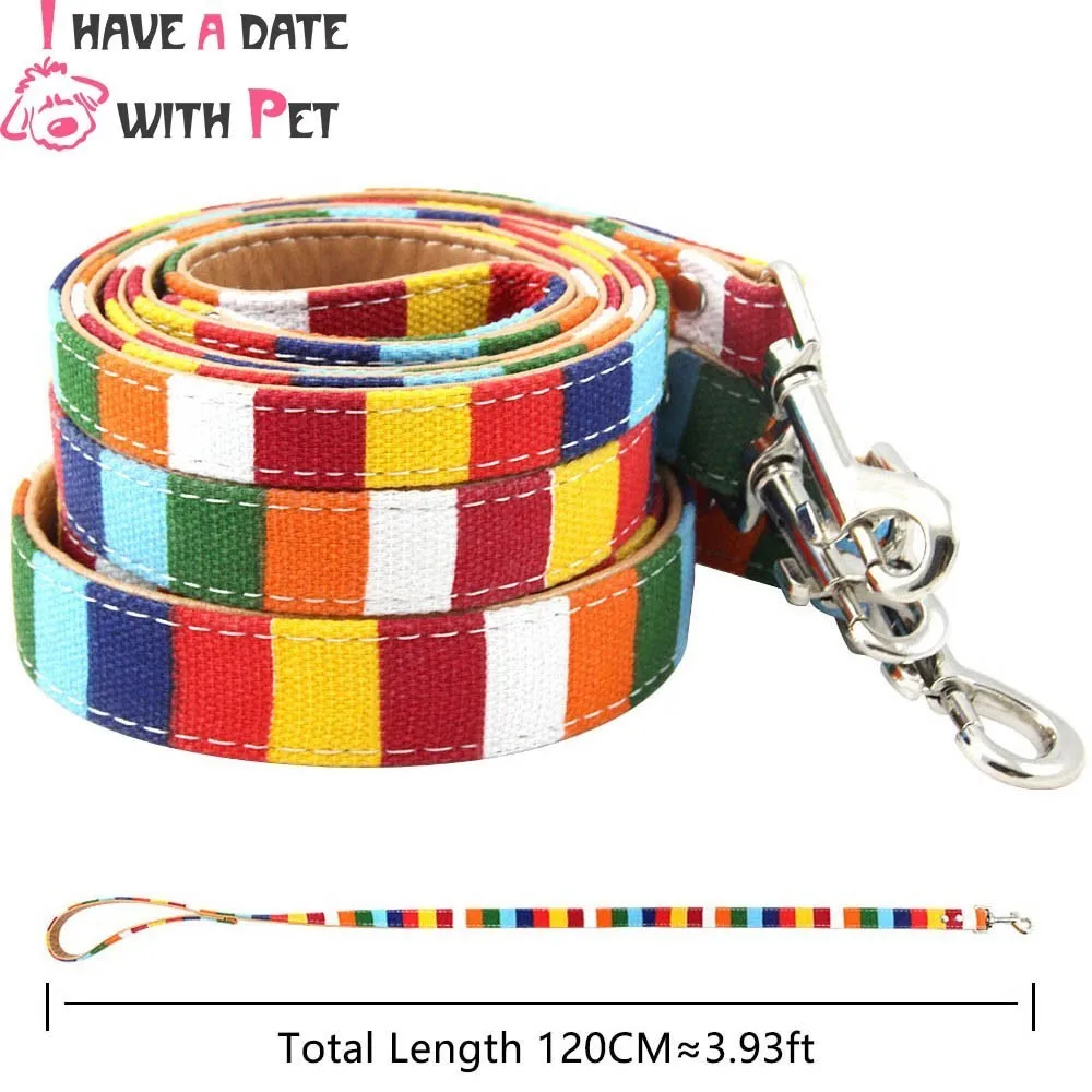 

Pet Dog Leash Size S 1.5*120cm M 2.0*120 cm L 2.5*120cm Soft Canvas Cloth Pu Leather Material Rainbow Dog Lead Retail