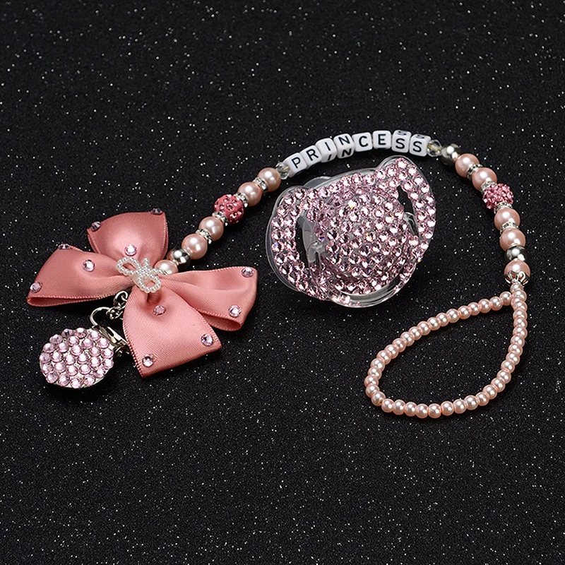 

MIYOCAR custom-any name set stunning pink bling bow pacifier clip holder dummy clip with bling pacifier