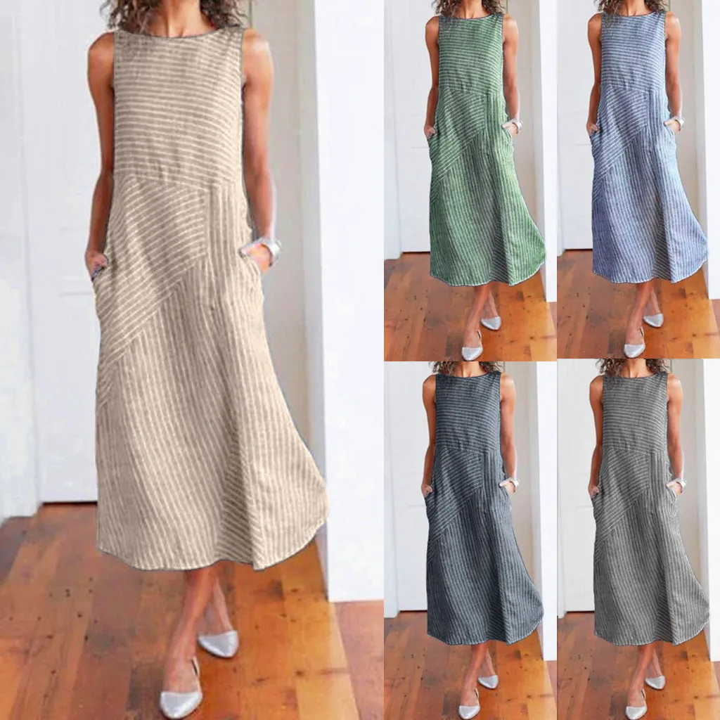

2020 Women Summer Dress Casual Striped Sleeveless Maxi Dress Crew Neck Linen Pocket Party Long Dresses