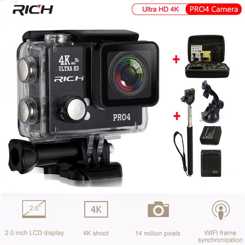 

RICH Ultra HD 4K Pro4 Action Camera 1500mah battery WiFi Waterproof 45M Time Lapse 170 Wide Lens Slow Motion Sport Camera