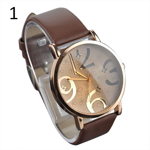 Chic 2015 Faux Leather Strap Big Numbers Dial Rose Flower Quartz Watch
