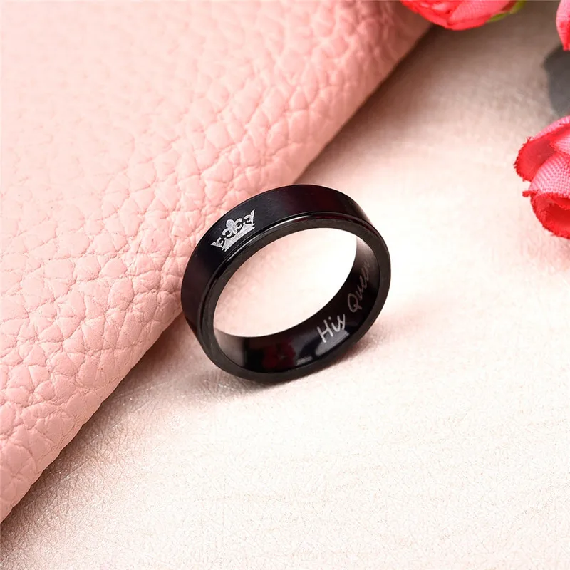 YAKAMOZ Fashion Stainless Steel Couple Rings Black Crown Her King His Queen Couple Jewelry Anniversary Valentine's Day Gifts