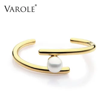 

VAROLE Simple Line Pearl Cuff Bracelets & Bangles Open Gold Color Love Bangle Bracelets for Women Jewelry Pulseira Feminina