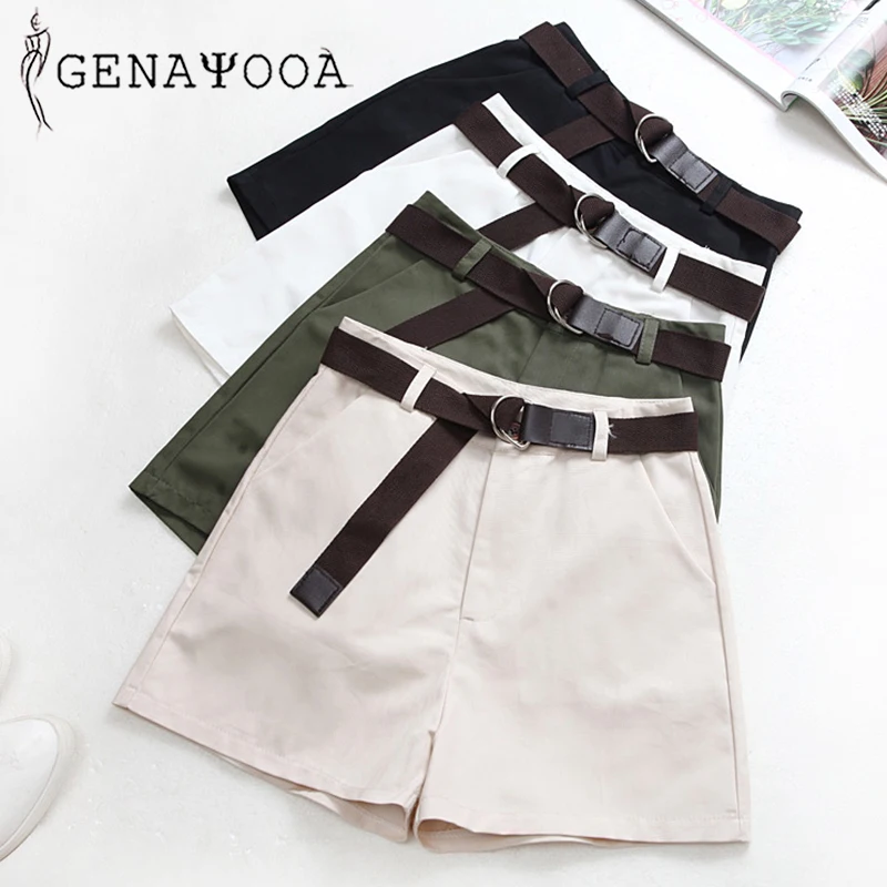 

Genayooa Casual Shorts Women Fitness Wide Leg Black High Waist Shorts With Belt Office Lady Vintage Shorts Feminino Plus Size