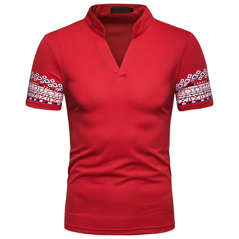

2019 summer new national style printing men's casual short-sleeved T-shirt European code Henry collar shirt male