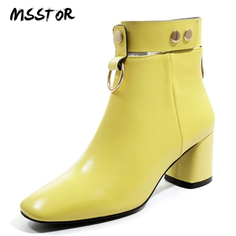 

MSSTOR Rivet Metal Decoration Yellow Shoes Women Plus Size Fashion Sexy Genuine Leather Women Winter Shoes Square Toe Women Pump