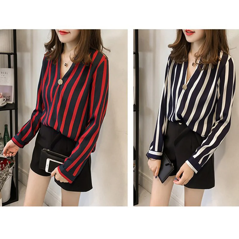 Женская рубашка шифон Blusas полосатый топ с v образным вырезом длинным рукавом