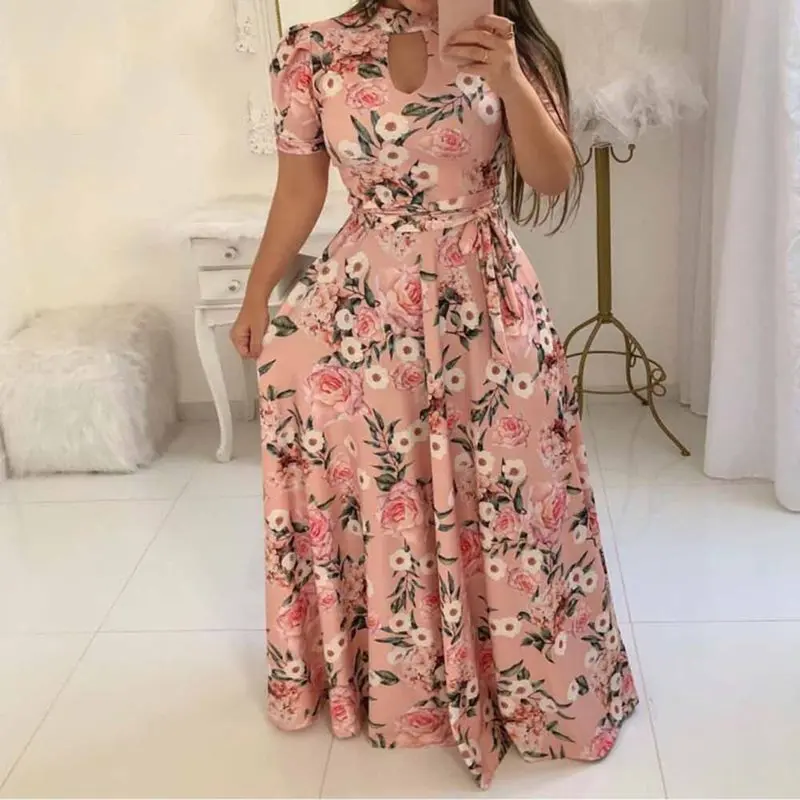 

Summer Sexy Elegant Vintage Beach Party Women Long Dresses Plus Size Black Girls African Floral Print Hole Fashion Maxi Dress