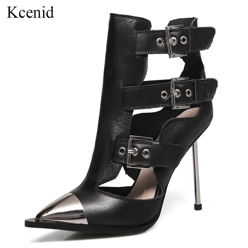 

Kcenid Sexy high heels runway sandal boots real leather buckle strap shoes woman fashion cut-outs metal pointed toe summer boots