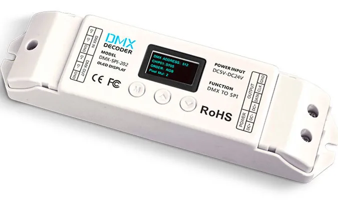 

DMX-SPI-202;DMX-SPI Decoder;16 modes;support WS2801/WS2811/WS2812/WS2812B/TM1804/TM1809/INK1003/1903.etc IC