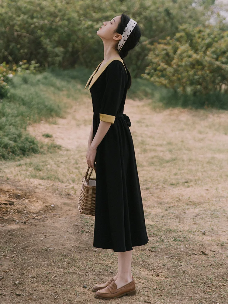Ubei маленькое черное платье летнее новое французское ретро платье с высокой талией тонкое длинное черное платье средней длины