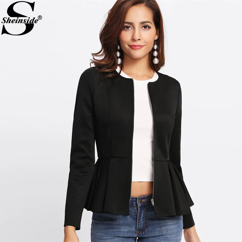Sheinside Zip Up Box Pleated Peplum Jacket 2017 Black Round Neck Ruffle