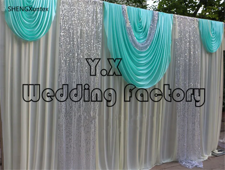 

Ivory back curtain And Tiffany blue silver sequin fabric swags Wedding Backdrop Curtain include the pipe stand free shipping