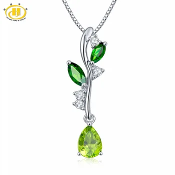

Hutang Stone Jewelry Natural 1.31Ct Peridot Chrome Diopside Solid 925 Sterling Silver Leaf Pendant & Necklace Fine Stone Jewelry