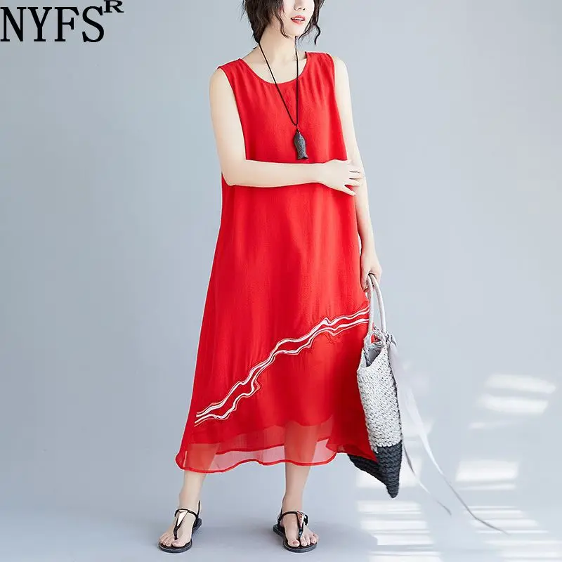 NYFS 2021 Korea New Summer dress Hem embroidery Woman Dress Loose Long Vestidos Robe Large size sleeveless Vest Dresses | Женская одежда