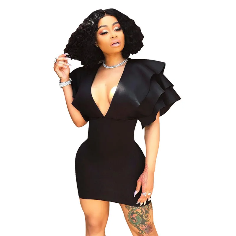 

Layered Flounce Sexy Little Black Dress Women Deep V Neck Plus Size Bodycon Party Dresses Elegant Short Sleeve Mini Club Dresses